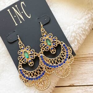 INC Filigree Drop Earrings Gold Tone Green Blue Rhinestones New